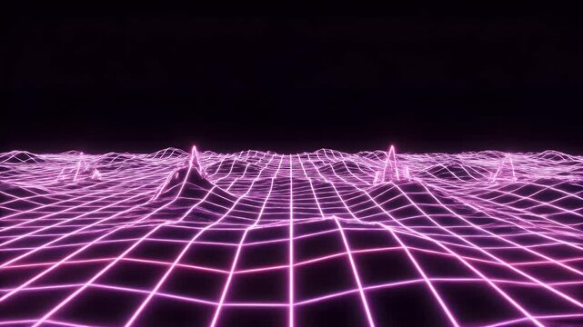 Neon Grid Landscape with Peaks - This digital artwork features a neon grid landscape in vivid pink hues against a dark backdrop.
