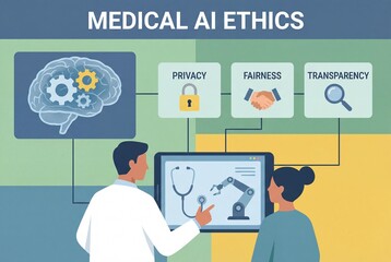 Medical AI Ethics Discussion Doctor Explaining Robot Arm On Screen To Patient