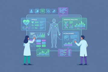 Medical Professionals Analyze Futuristic Digital Holographic Display of Human Anatomy And Health Data