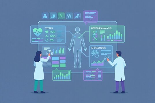 Medical Professionals Analyze Futuristic Digital Holographic Display of Human Anatomy And Health Data - Powered by Adobe