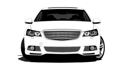 Fototapeta premium Generic Modern Sedan Front View Illustration, Black and White Vector Style Sketch of a Luxury Car Isolated on White Background