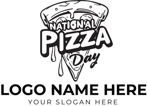 National Pizza Day logo vector with vertical slice, melted cheese, toppings, and bold decorative typography