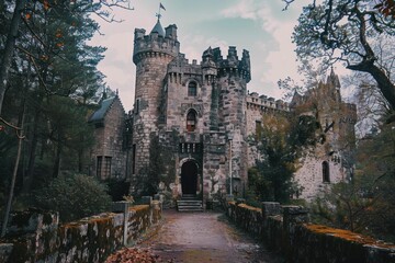 Obraz premium Stone bridge leading to ancient castle surrounded by trees with colorful autumn leaves, creating a mysterious and evocative atmosphere