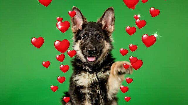 Affectionate German Shepherd Puppy with Hearts - This video features a charming German Shepherd puppy against a bright green backdrop surrounded by floating red hearts.