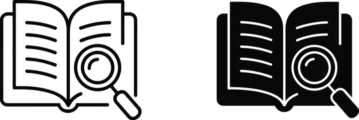 Open book and magnifying glass for research education concept vector illustration searching for knowledge and information in literature textbook study material learning resources for academic success