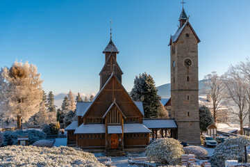Wooden church Wang in polish Karkonosze mountains, Karpacz town in winter