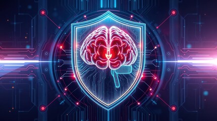 Digital Brain Protection Glowing Human Brain Within a Shield on a Futuristic Circuit Board Background