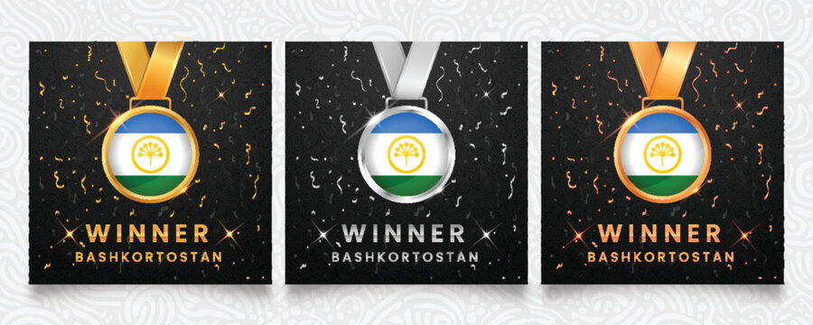 Winner templates for Bashkortostan. Medals featuring the Bashkir flag design, dark background with gold and silver confetti, and sparkling highlights. Vector illustration.