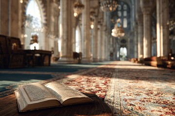 Open book on wooden table in mosque interior with ornate carpets