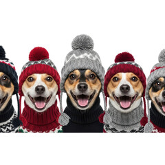 Happy dogs in winter gear isolated on transparent background