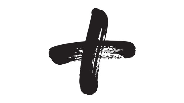 A bold black plus sign painted with thick brushstrokes on a clean white background viewed straight on