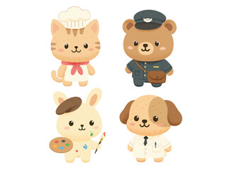 Kawaii Animal Professionals Vector Set: Little Chef, Mail Carrier, Painter, and Medical Worker Mascot Collection