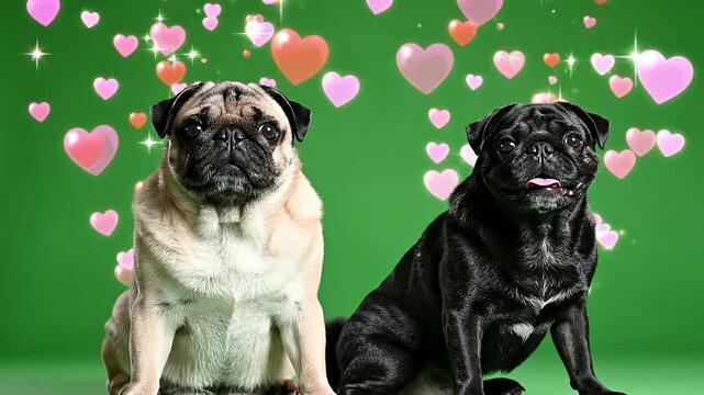 Two Pugs with Hearts - A fawn-colored pug sits beside a black pug against a green background. Pink and red hearts float around them, and the scene is digitally enhanced with sparkling effects.