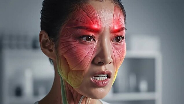 Conceptual close-up of an asian woman grimacing, highlighting severe red facial muscle pain.