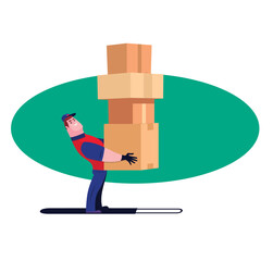 Man struggling to lift and balance heavy cardboard boxes on his back