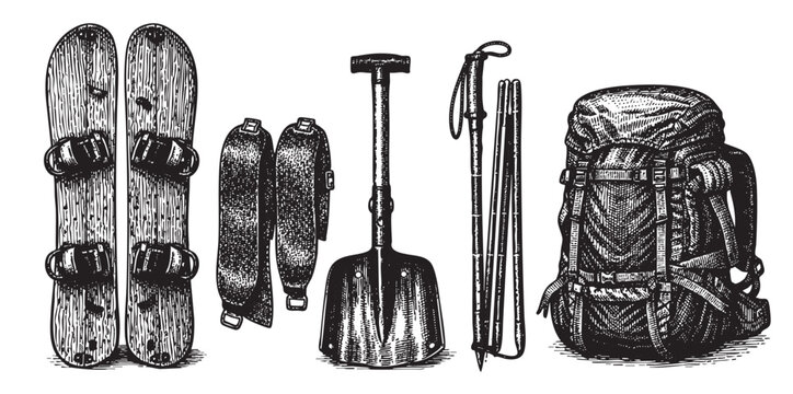 Detailed engraved style illustration of splitboard, skins, shovel, poles and backpack for backcountry travel. Isolated on white background for easy compositing.