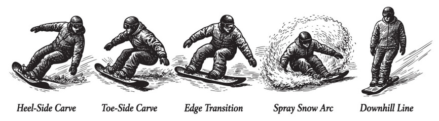 Fototapeta premium Monochrome illustration showing five snowboarder stances demonstrating carving techniques, ideal for educational or instructional materials.