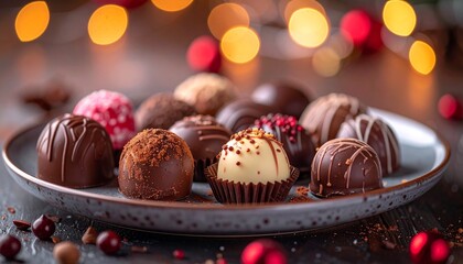 Assortment of Gourmet Chocolates on a Plate with Festive Bokeh Lights. tasty