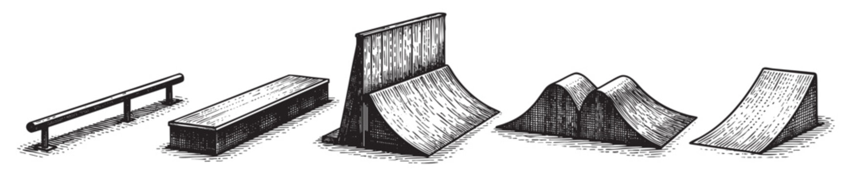 Black and white illustration showing various obstacles at a skate park, including a rail, bench, quarter pipe, and ramps, suitable for background or design element.