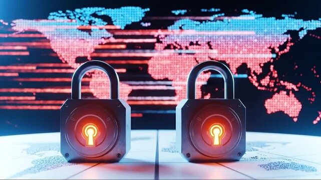 Global cybersecurity illustrated with padlocks and a digital world map background