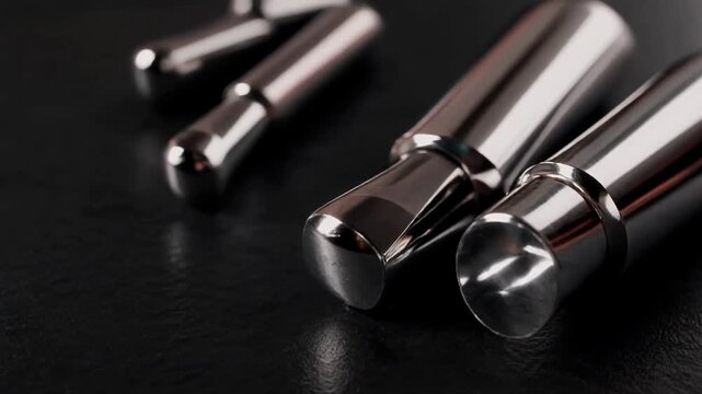 Professional luxury hospitality render: Polished barware tools on dark slate featuring elegant light play.