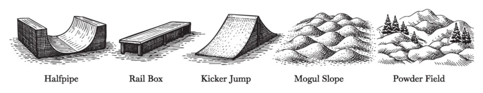 Black and white illustration of halfpipe, rail box, kicker jump, mogul slope, and powder field, ideal for ski resort or snowboarding promotional material with retro, vintage style.