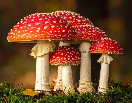 Vibrant red spotted mushrooms in forest environment close up photography