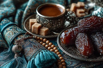 Naklejka premium Traditional Ramadan setup with dates and coffee