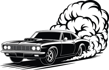 Classic muscle car burnout illustration with smoking tires in black and white graphic style for automotive design projects vintage vehicle artwork retro automobile culture and transportation related v