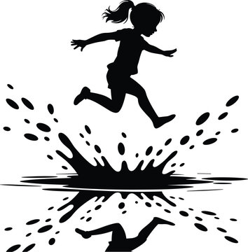 Silhouette of young girl jumping over puddle splashing water reflection in monochrome design happy childhood freedom carefree outdoor activity illustration for children's books posters advertising edu