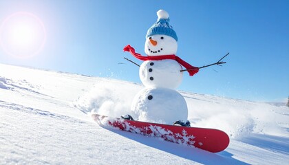 Obraz premium Happy Snowman Wearing a Blue Beanie and Red Scarf Snowboarding Down a Sunny Powder Hill