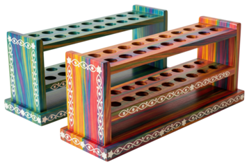 Two colorful wooden test tube racks with decorative painted patterns on a transparent background