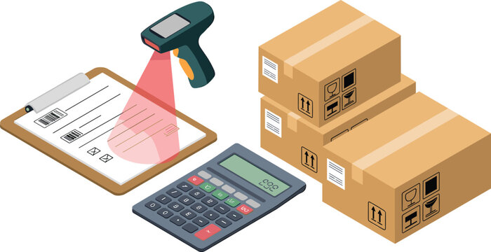 Isometric shipping and logistics illustration with barcode scanner, packages, boxes, calculator, inventory management, warehouse operations, delivery process