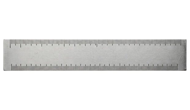 Stainless steel metal measuring ruler with black scale markings tool on a transparent background