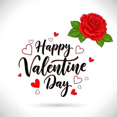 Happy Valentine&rsquo;s Day Typography with Red Rose and Heart Icons on White Background