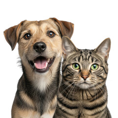 Happy dog and cat together isolated on transparent background