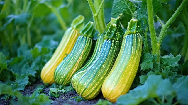 Brightly colored zucchini plants in field, growing healthily and ready for harvest.