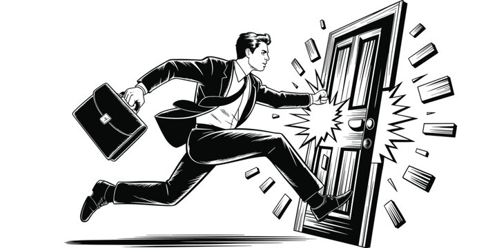 Determined businessman punching through door with briefcase in hand overcoming obstacles aggressive forceful action black and white illustration for business solutions corporate success achieving goal