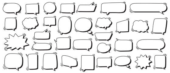 Collection of cartoon hand drawn speech bubbles with shadows. Vector illustration isolated on a white background