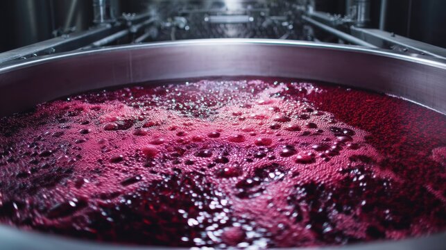 Close-Up of Fermentation Process in Red Wine Production with Bubbling Liquid in Winery Equipment