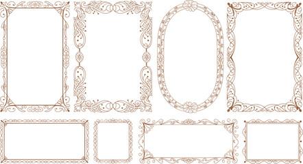 Vintage ornate frame collection with decorative borders, classic floral designs, elegant labels, hand drawn style, wedding invitation, retro design set