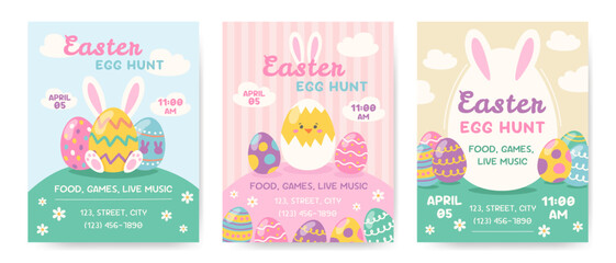 Easter egg hunt poster or invitation template set. Vector illustration