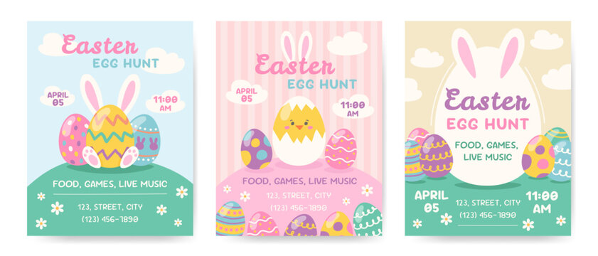 Easter egg hunt poster or invitation template set. Vector illustration
