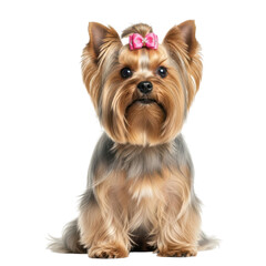 Yorkshire terrier with bow, isolated on transparent background