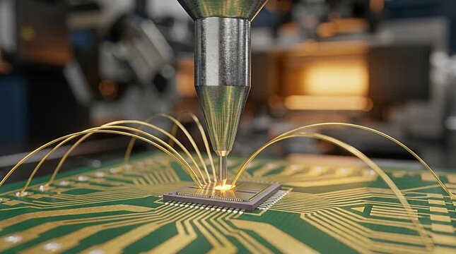 Precision micro chip bonding process on circuit board wires connecting intricate electronics technology.