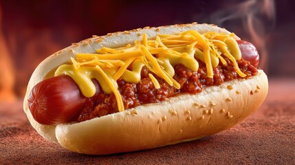 Delicious Chili Cheese Hot Dog with Mustard on Sesame Seed Bun