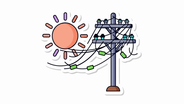 Cartoon sun and power pole with dangling wires and green rectangular insulators