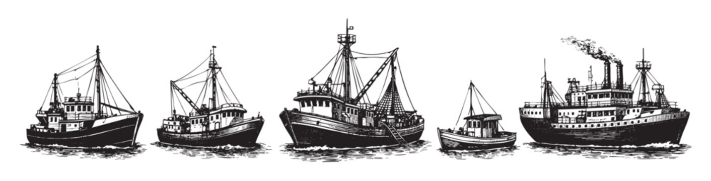 A line of illustrated fishing boats in black and white creates a vintage, nautical feel, suitable for maritime themes.