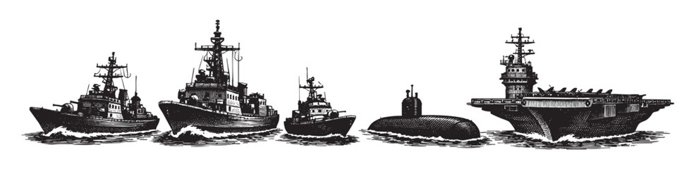 Fototapeta premium A stark black and white vector illustration shows a fleet of naval ships, including a submarine and aircraft carrier, conveying maritime strength and defense.