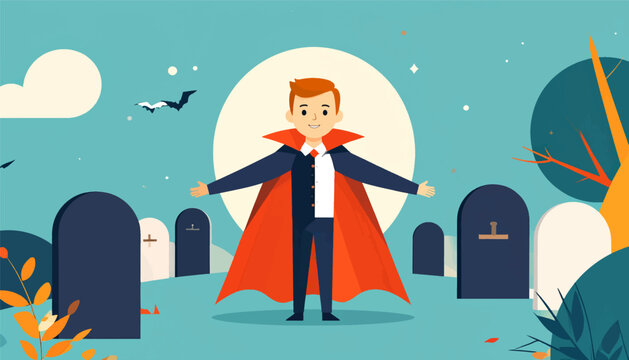 Cartoon vampire stands in a cemetery with bats flying under a large moon